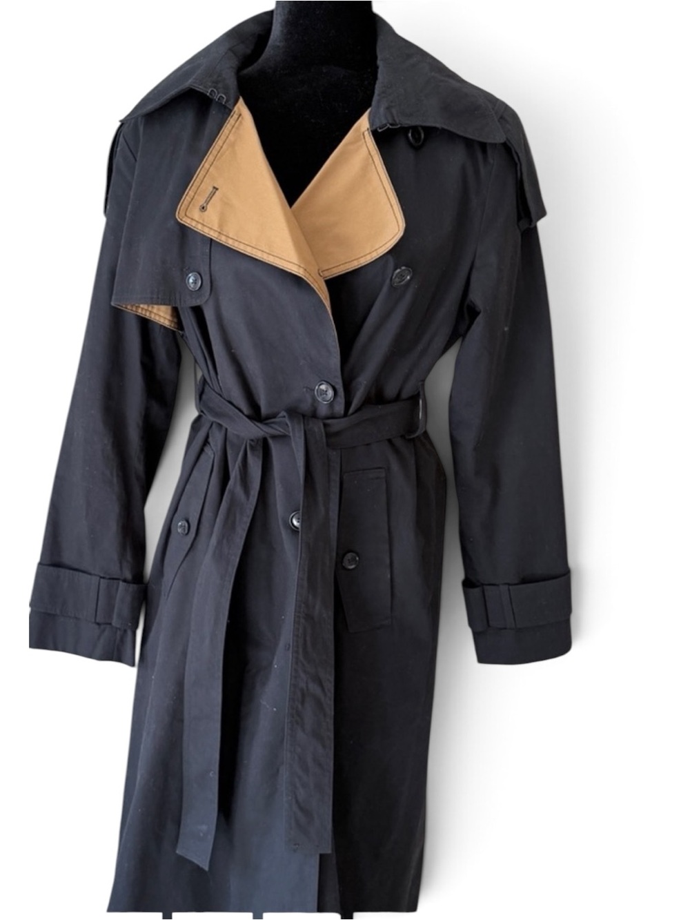 Classic Black and Tan Women’s Trench Coat with Waist Tie